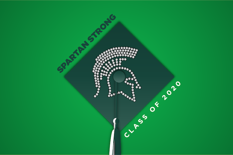 Graphic of graduation cap with the words Spartan Strong and Class of 2020