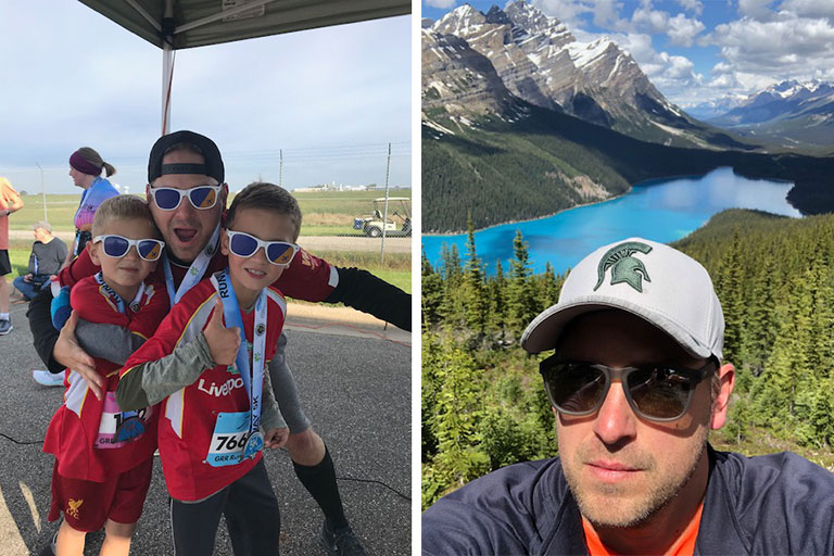 L: Photo of Sorensen with his kids from a race last year. R: Photo of Zak Sorensen