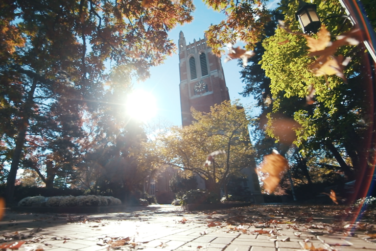 Photo of sunlight and fall colors at Beaumont Tower