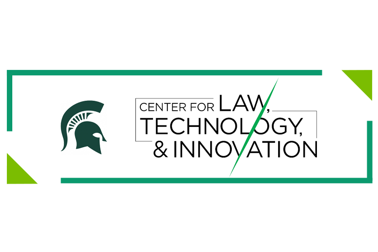 Rectangular, green button with a Spartan logo of the left, and text on the right that says "Center for Law, Technology, and Innovation"