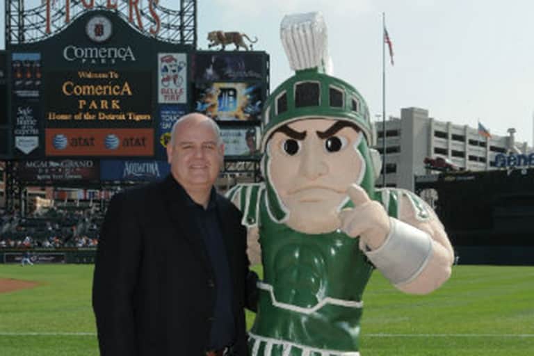 Mike Healy with MSU Sparty at Detroit's Comerica Park.