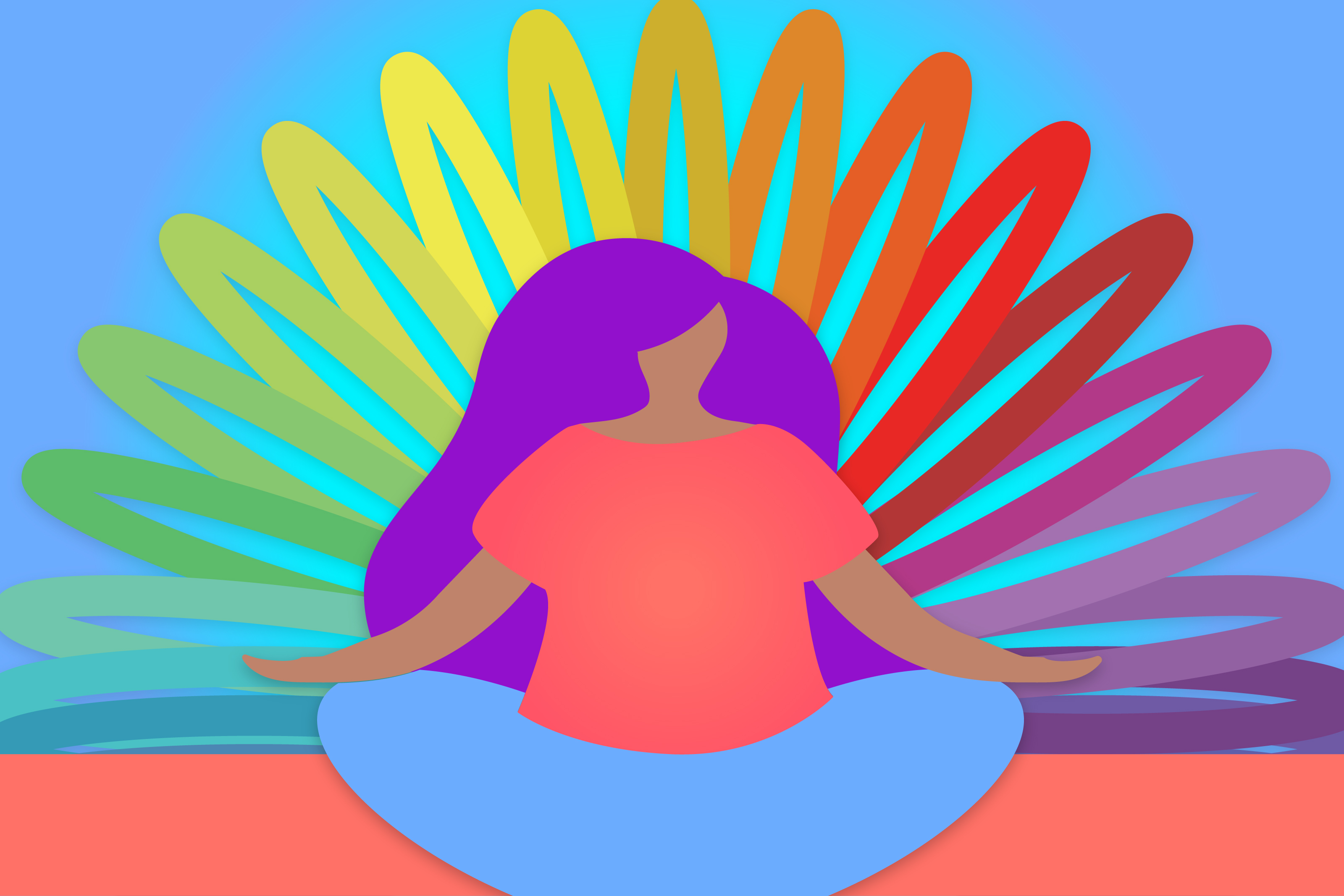 Graphic of woman meditating with colored slinky in the back