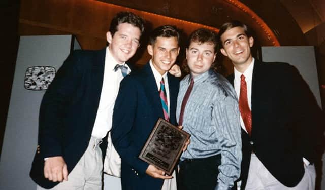 Patrick New, Steve Van Wormer, David Sakol and myself. We went to Washington, D.C. in July 1990 to pick up an award we won for THE SHOW (“Best College TV Show”).